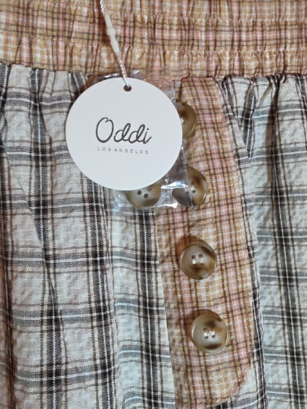 207p Oddi Plaid Ruffle Hem Pants - Cream Brown - Picture 2 of 16